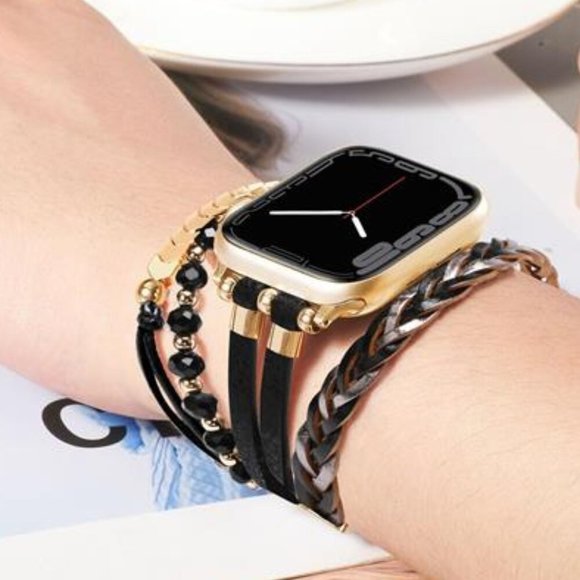 NEW Gold/Black Leather Apple Watch Band main image 4